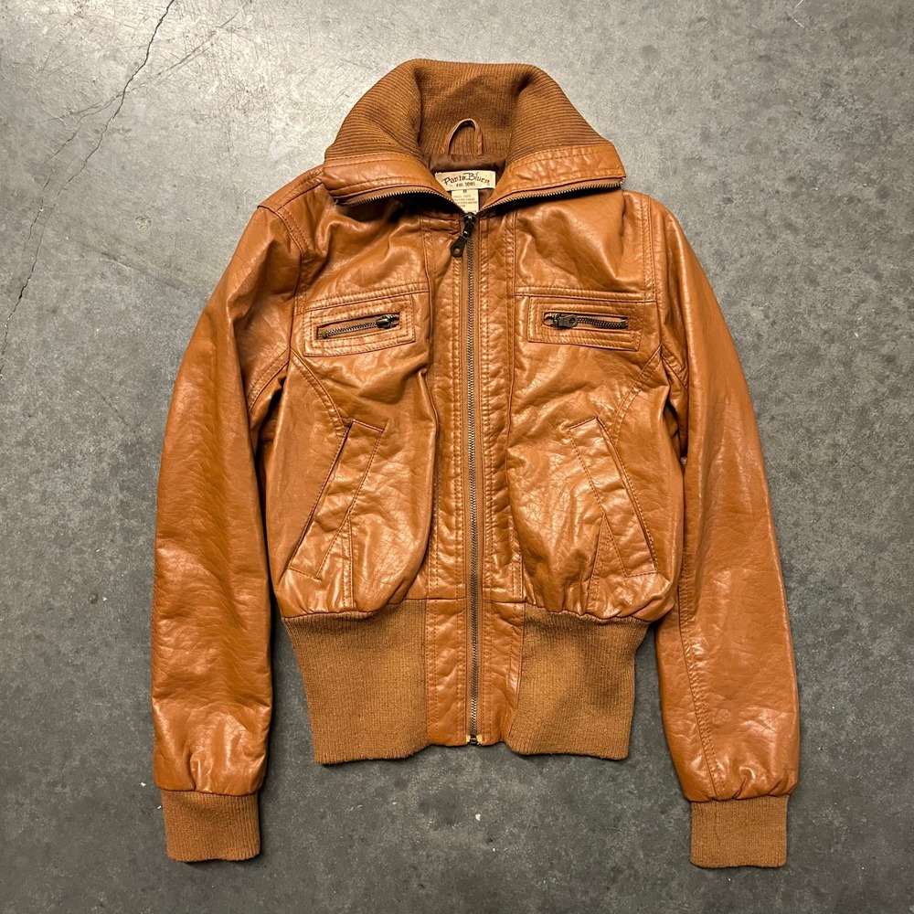 Paris Blues Faux Leather Bomber Jacket Cognac Brown Ribbed Trim Size Medium